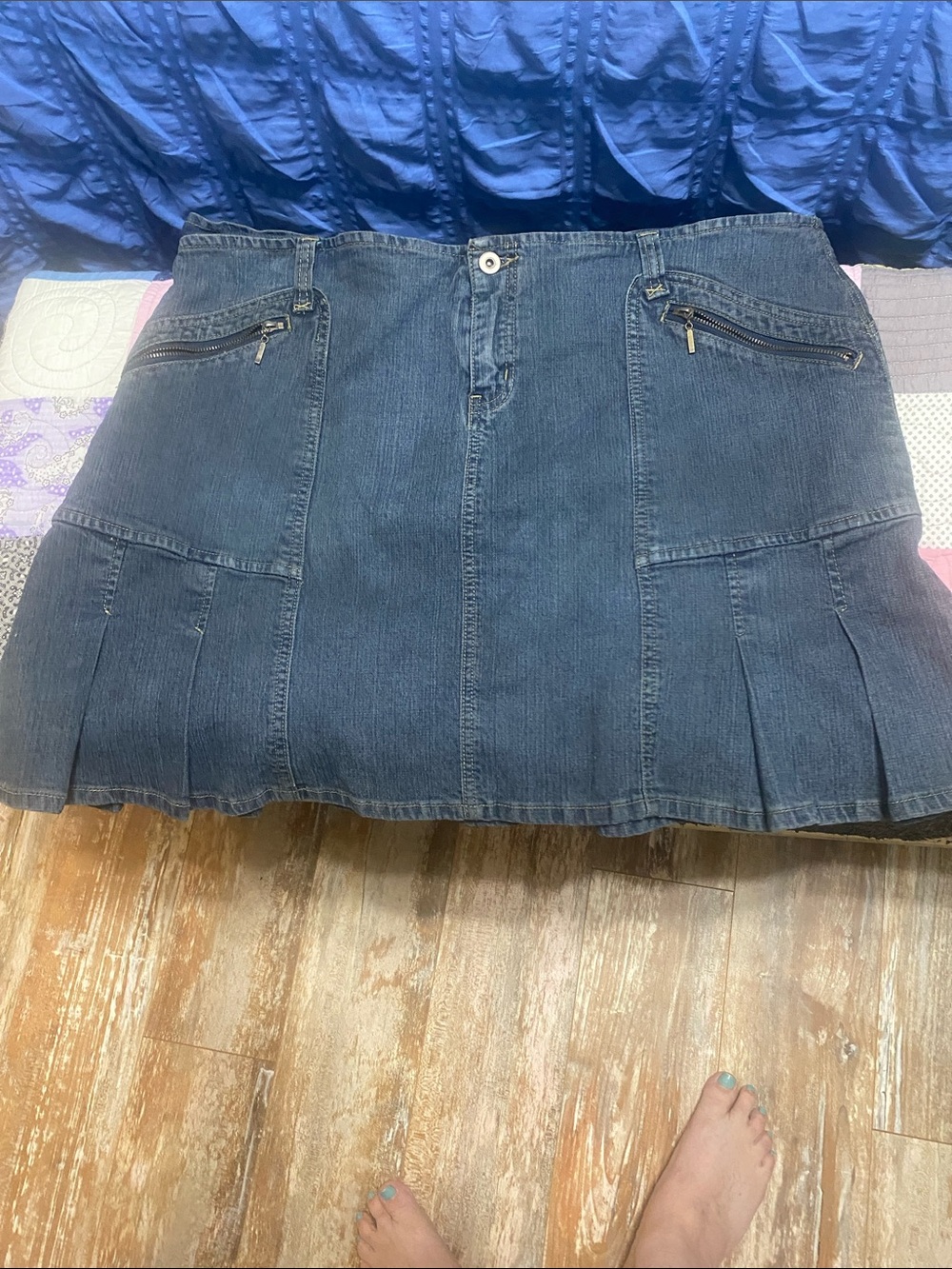 Denim Mini Skirt in Dark Blue with Pleat Details